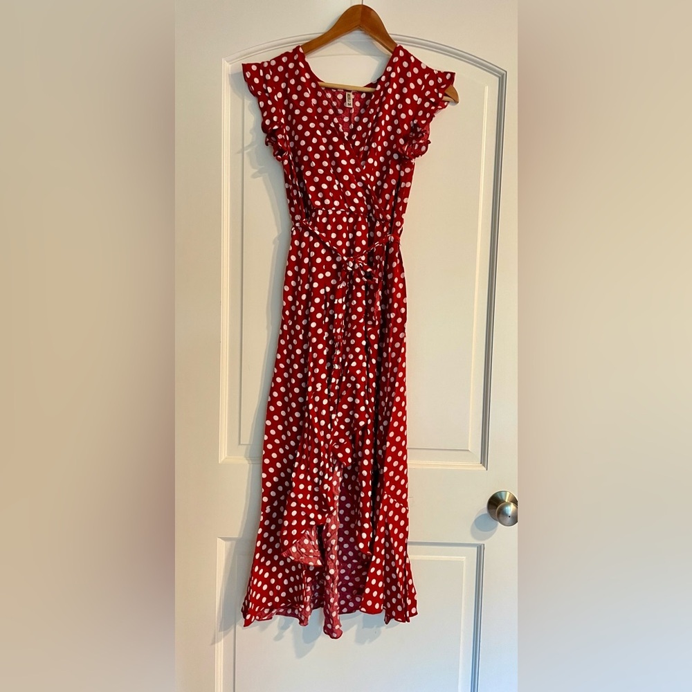 Grecerelle Women’s Red Polka Dot Wrap Maxi Dress with Belt Size M